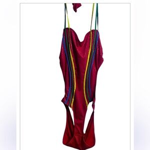 🔥 COOGI Vtg Vibrant One Piece Swimsuit Back Out Logo XL Orange Striped Sz XL